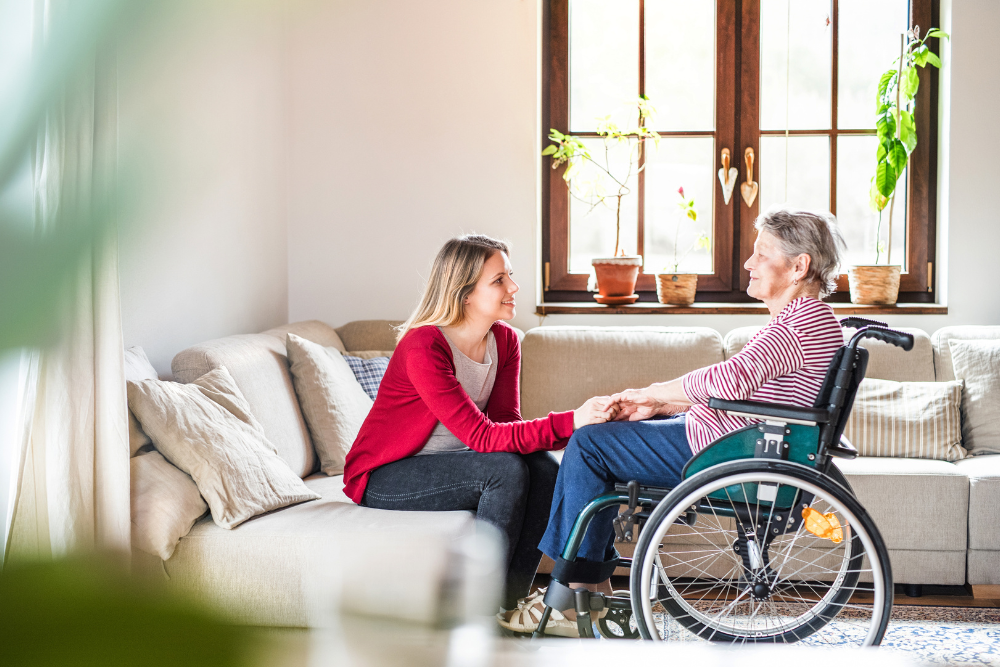 Caregiver visiting elderly woman using a wheelchair at home after medical equipment delivery.