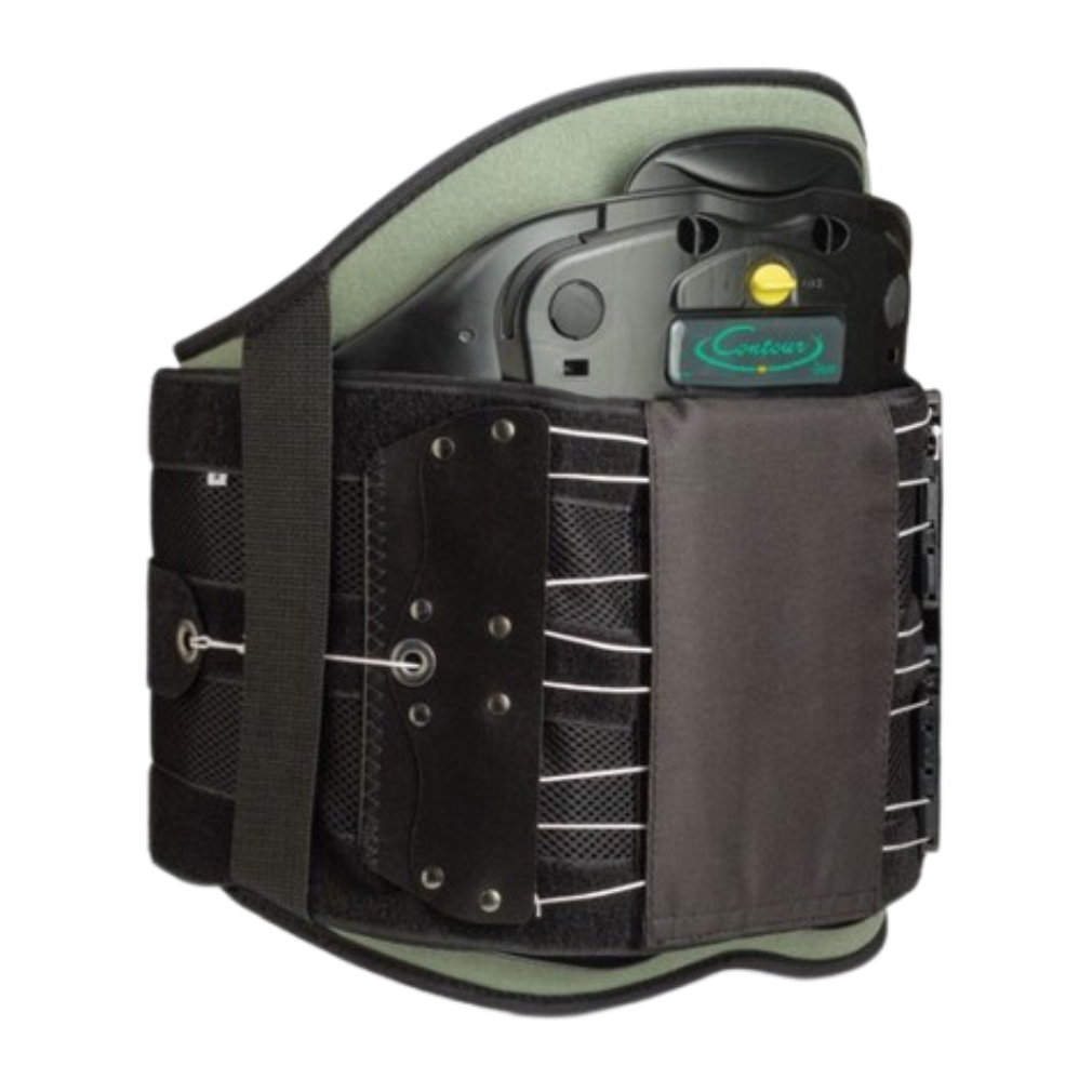 Adjustable black and green lumbar support brace with rigid stabilizing panels for lower back support and spinal alignment.