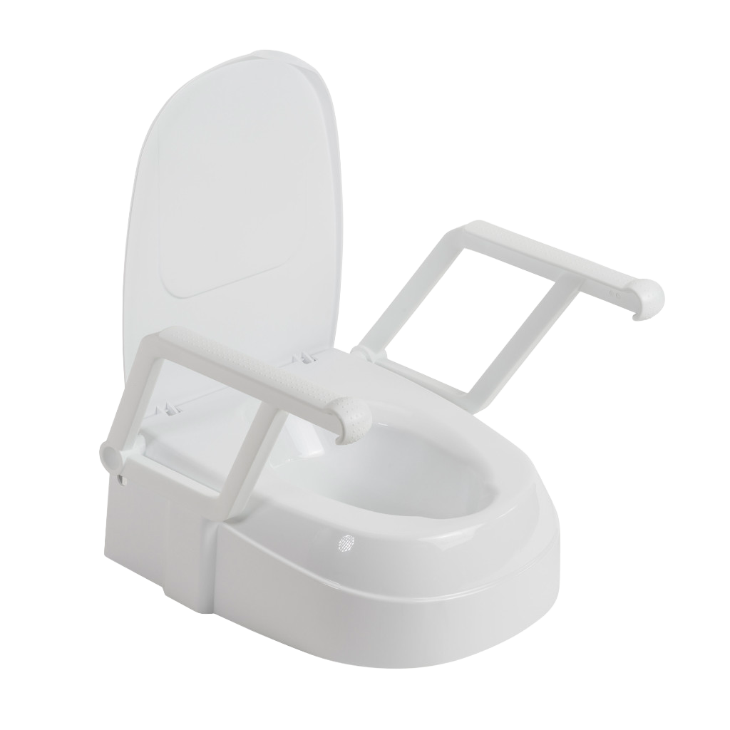 Raised toilet seat with handles and lid for added support, comfort, and easier bathroom use.