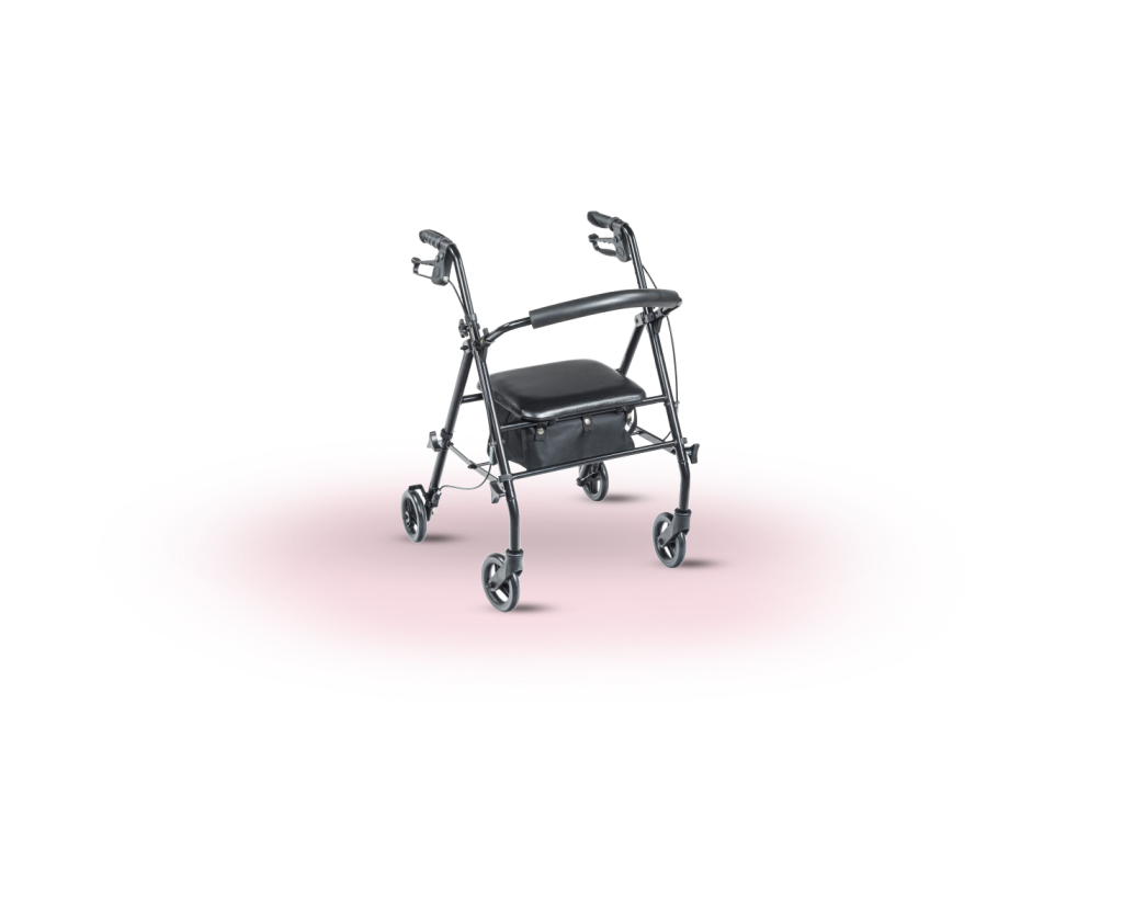 Lightweight rollator walker with seat and wheels for mobility support and daily walking assistance.