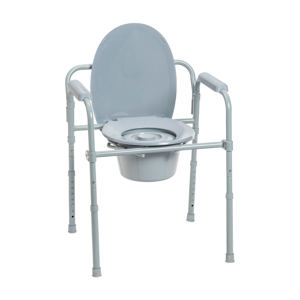 3-in-1 bedside commode with bucket, seat and lid for safe bathroom use and mobility support.