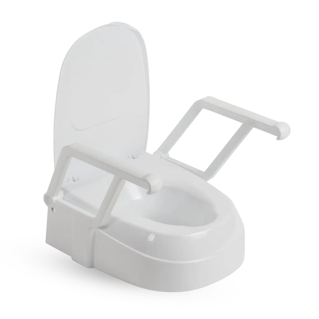 Raised toilet seat with safety arms