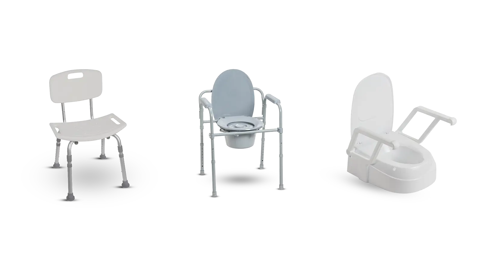 Bathroom safety equipment — shower chairs, raised toilet seats, and commodes