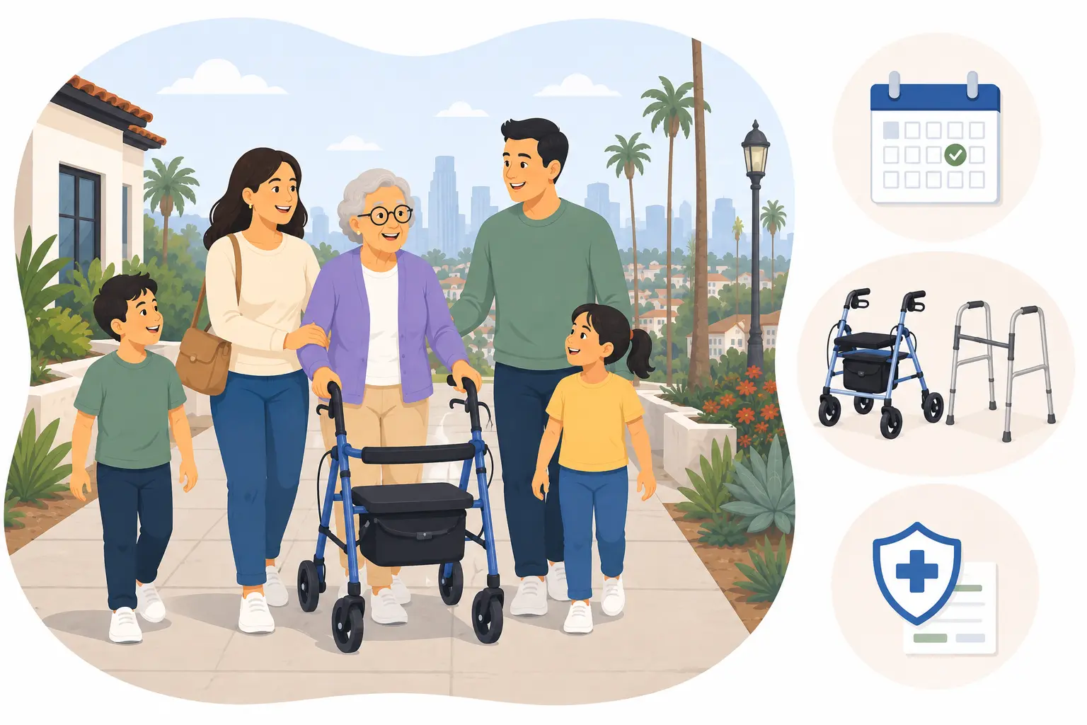 Woman using a rollator walker with her multigenerational family in a sunny Los Angeles neighborhood, with a calendar and Medicare documents illustrating the 5-year replacement rule